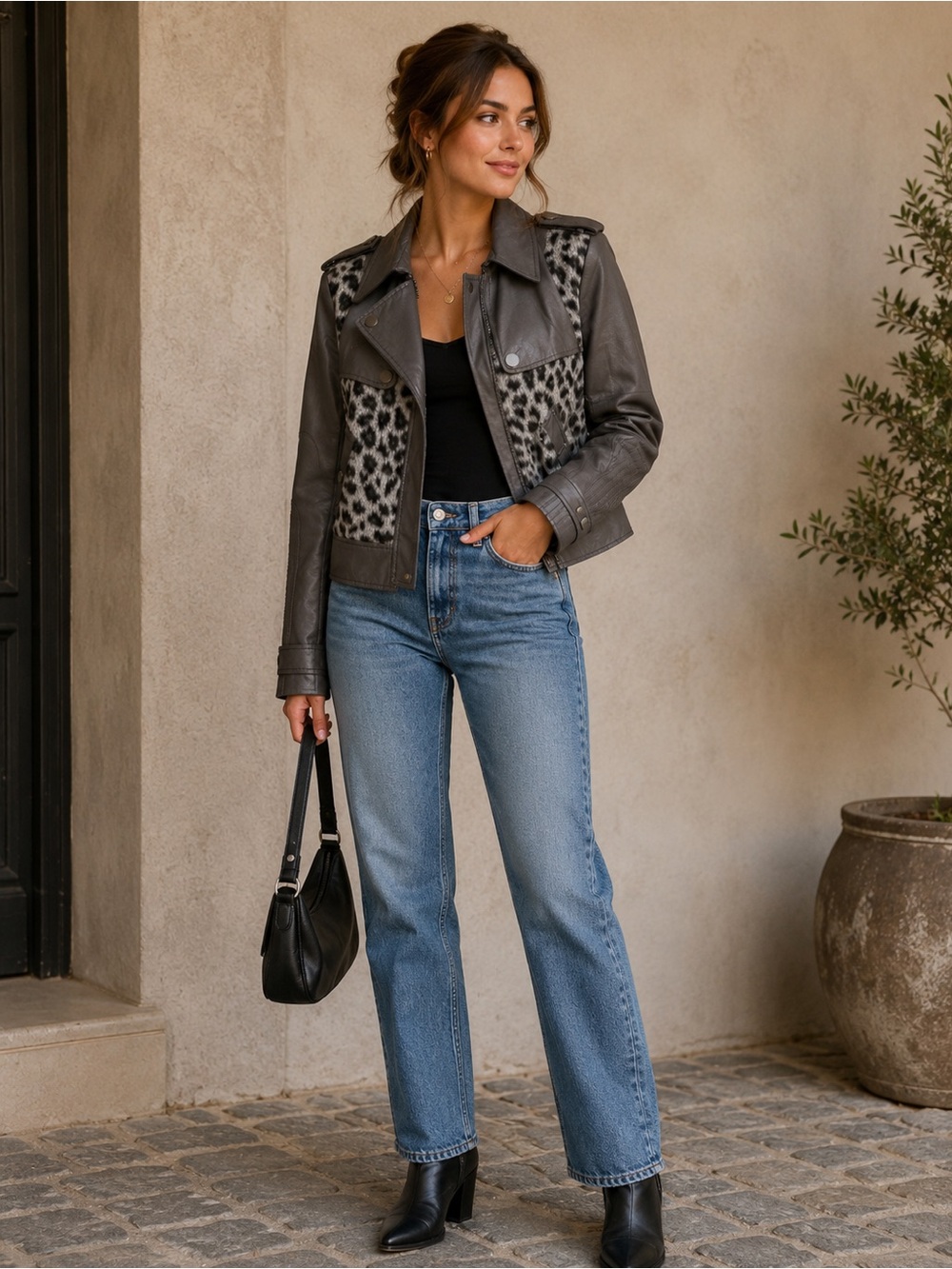 BCBGMAXAZRIA Gray Leopard-Print Leather Jacket